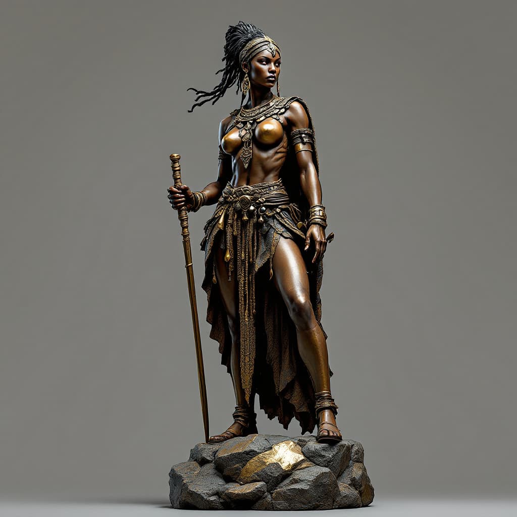 AI generated: A majestic statue of a fierce female warrior from Benin, standing tall and powerful, dressed in trad...