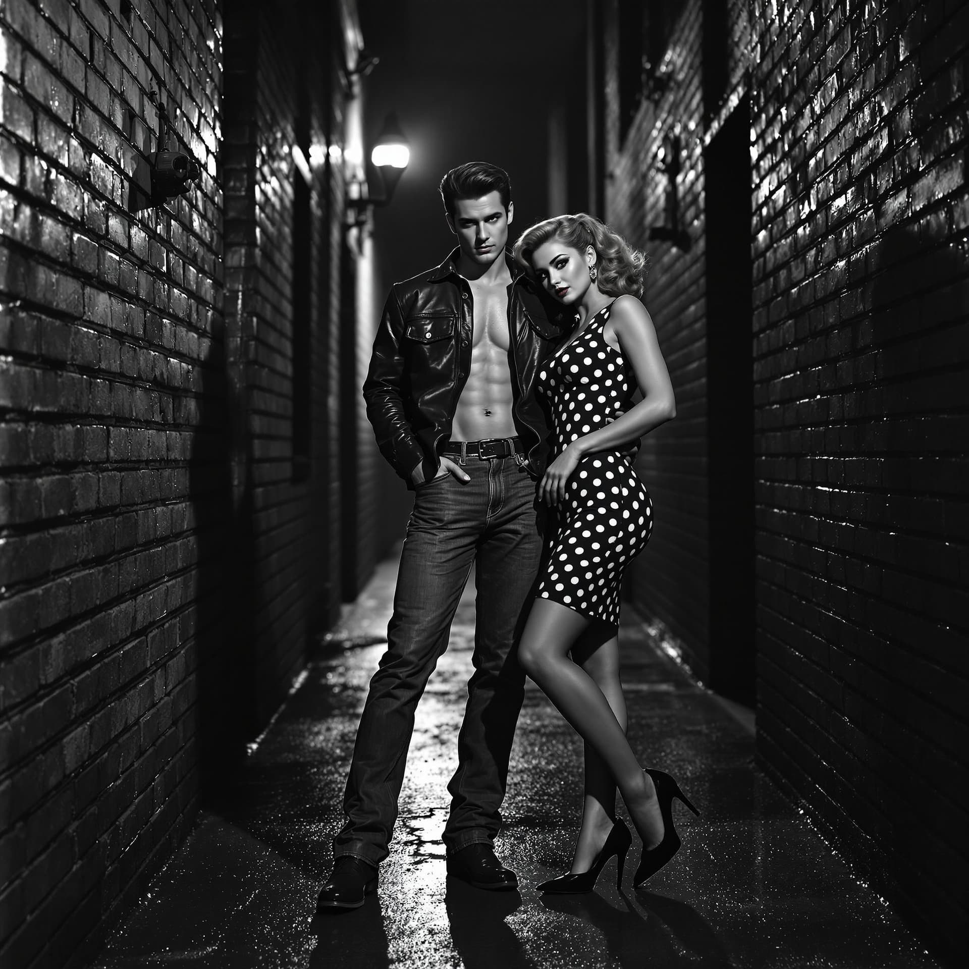AI generated: "Depict a black-and-white 1950s action movie scene, photographed in the style of vintage film camera...
