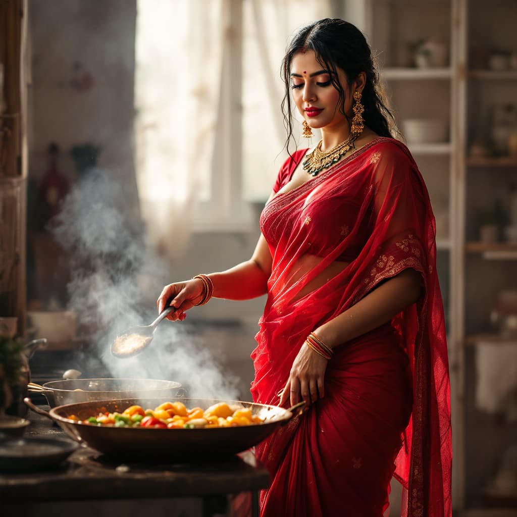 AI generated: Transparent Red wet saree bold Indian woman, without blouse, tight, cooking food by standing near ga...
