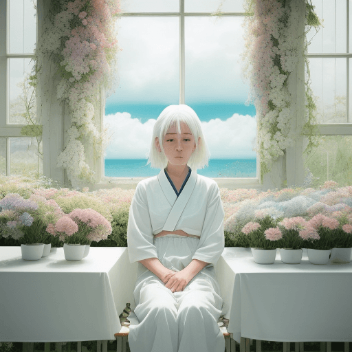 AI generated: a girl with white hair sitting in behind a white table, art by Rinko Kawauchi, in the style ofnatura...