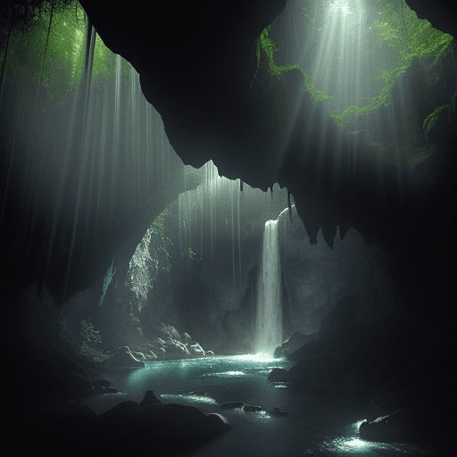 AI generated: Create a scene depicting the view from inside a dimly lit cave, looking out through the back of a wa...