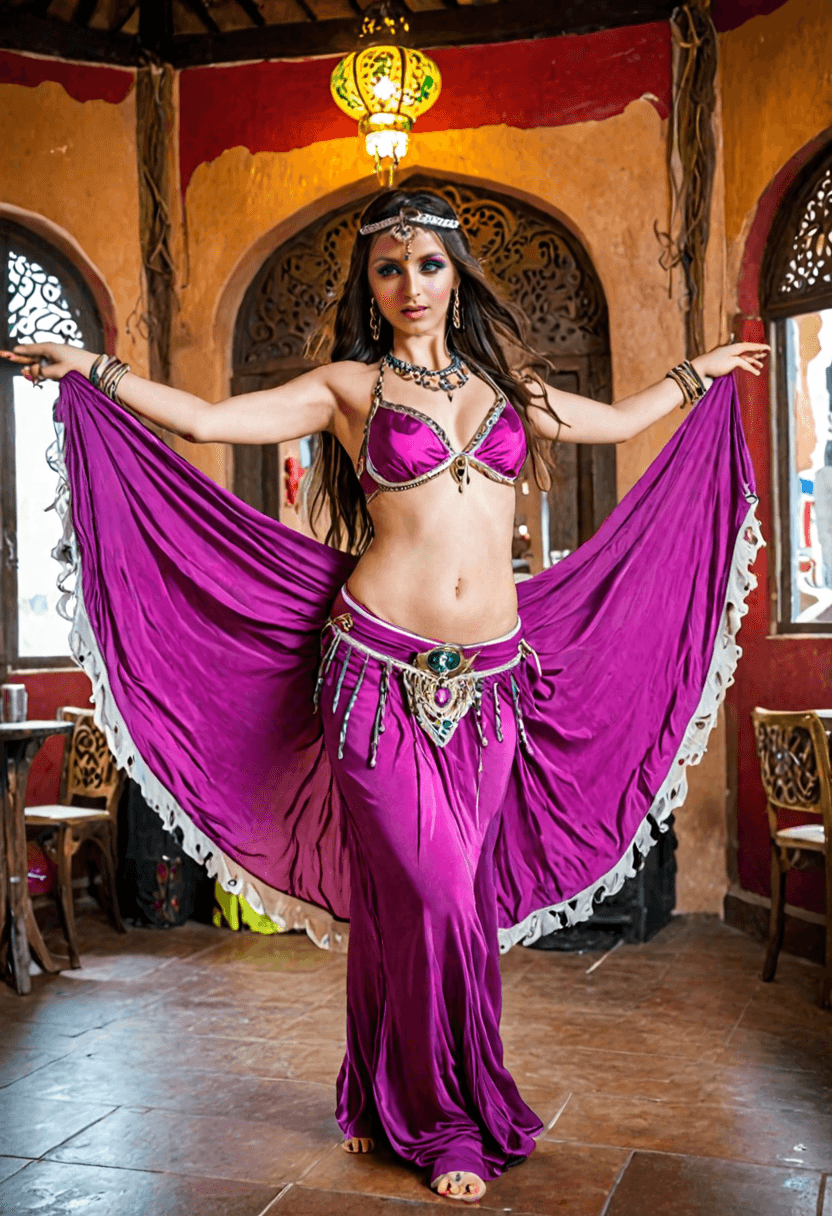 AI generated: HDR photo of Moroccan woman, belly dancer, bright colored silk outfit, long dark hair, makeup, danci...