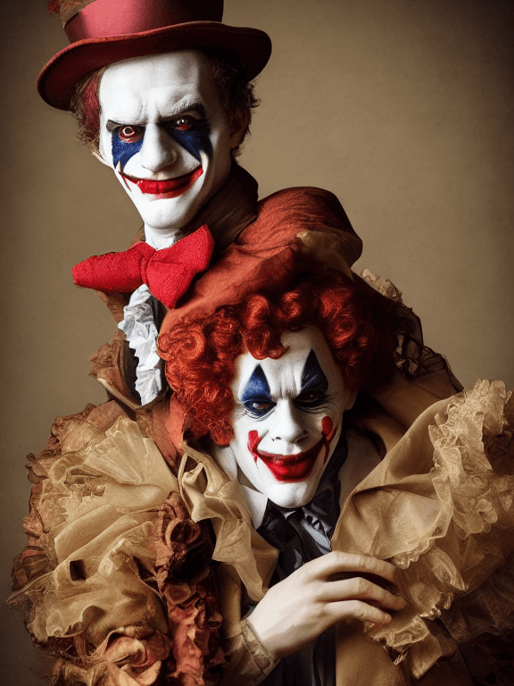 AI generated: Fashion photography of a joker, 1800s renaissance, clown makeup, editorial, insanely detailed and in...