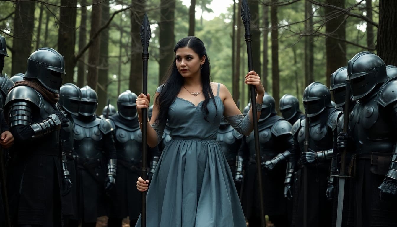 AI generated: a woman in a gray dress standing in a forest surrounded by armored soldiers. The woman has long dark...