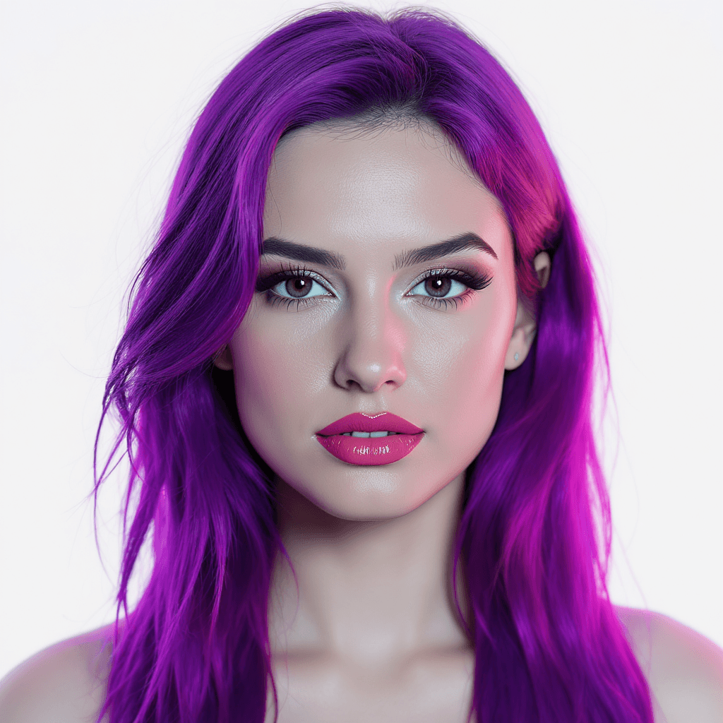 AI generated: A close-up portrait of a woman with vibrant purple hair, captured in ultra-realistic 8K resolution u...