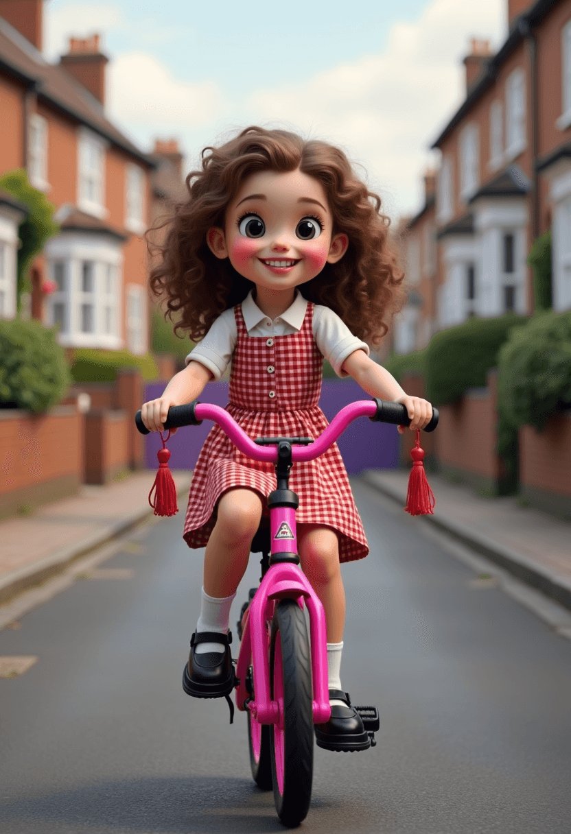 AI generated: Create a realistic image of a young girl riding a pink bicycle on a suburban street. The girl should...