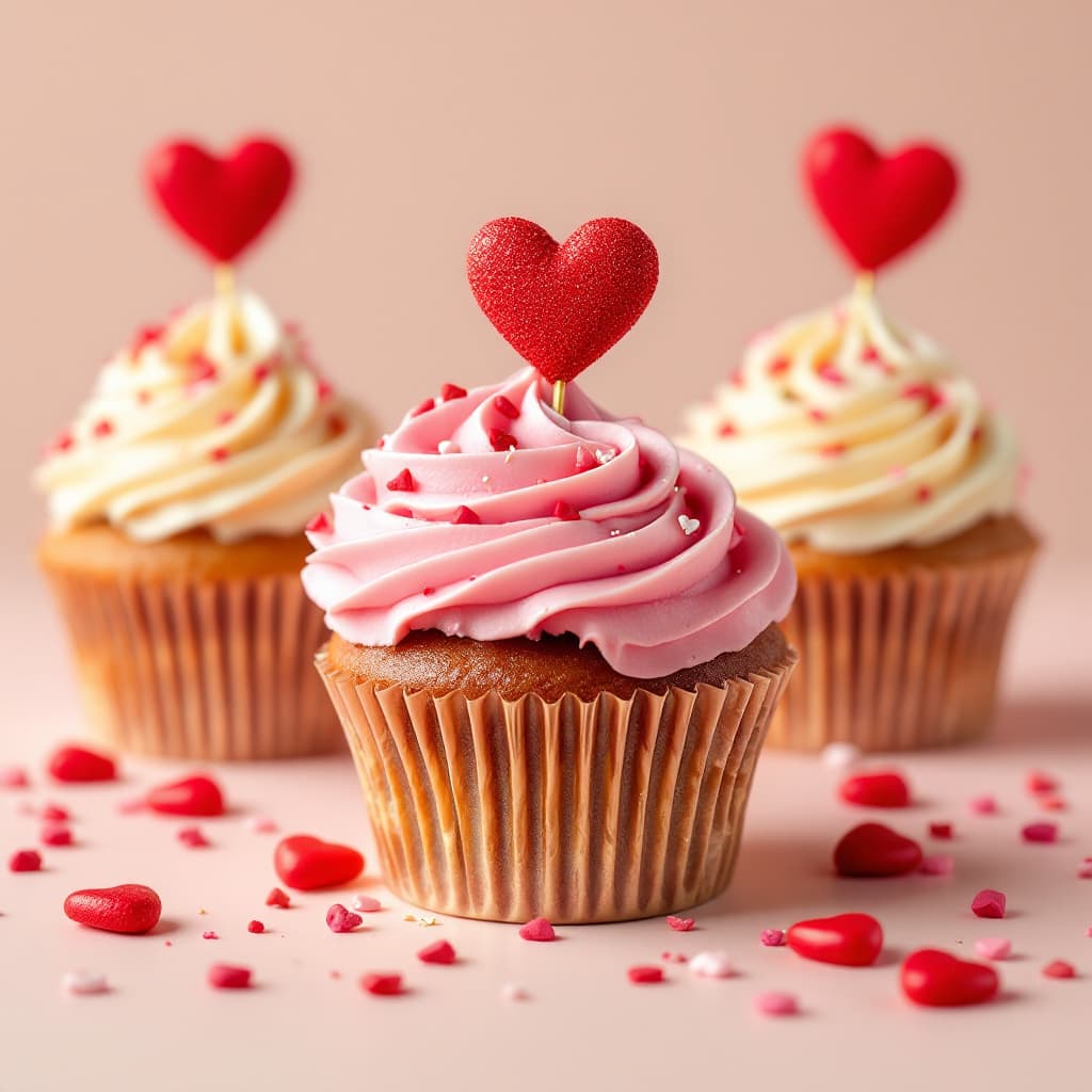 AI generated: valentine cupcakes with gold, pink, red, hearts
