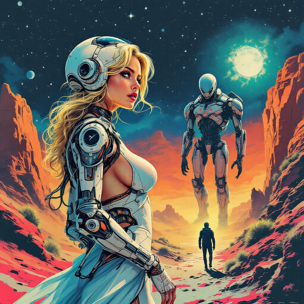 AI generated: A highly detailed comic book cover illustration showing a full body view of a young blonde astronaut...