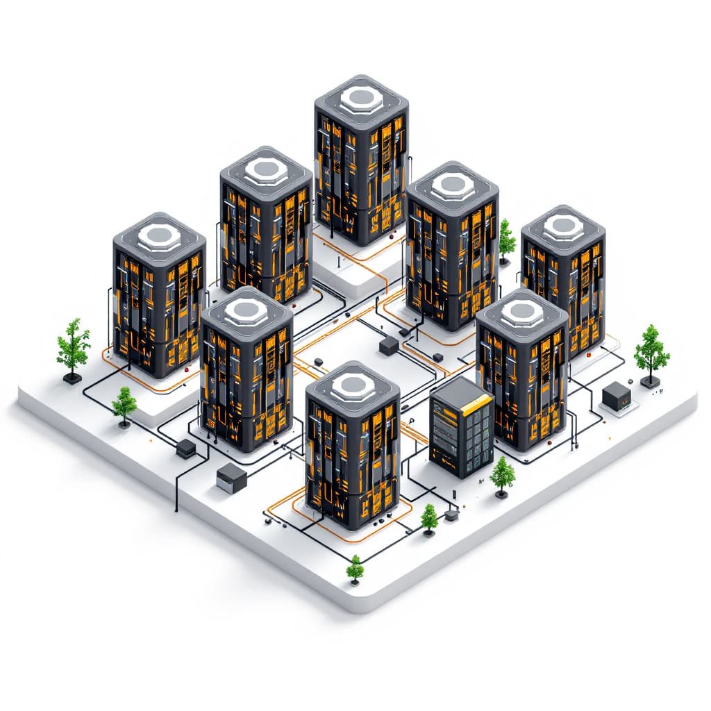 AI generated: 3d modeling, isometric, 4 dbms control nodes, 8 dbms data nodes, fast network, white hue, solid whit...