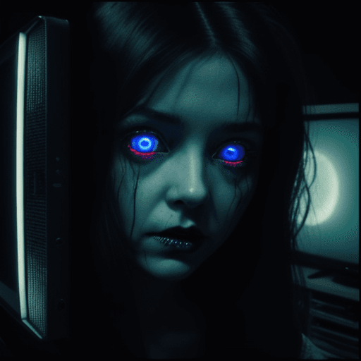 AI generated: girl with spooky glowing eyes closeup, crawling out a tv screen,  vintage tv set like in the movie "...