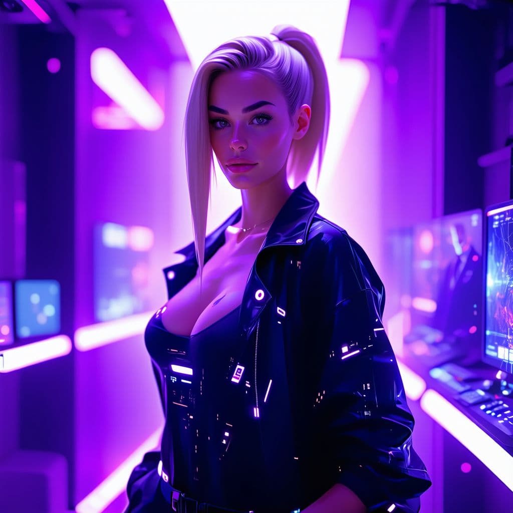 AI generated: Woman with tan skin, blonde hair, curvy complexion , futuristic, neon purple lights, hourglass body,...