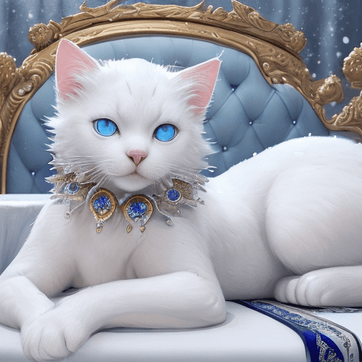 AI generated: Award winning, realistic detailed perfect figure color photo of a white cat with blue ruby jewels, a...