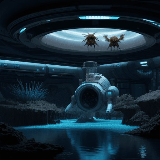 AI generated: A space laboratory with unnatural creatures and a river with black water