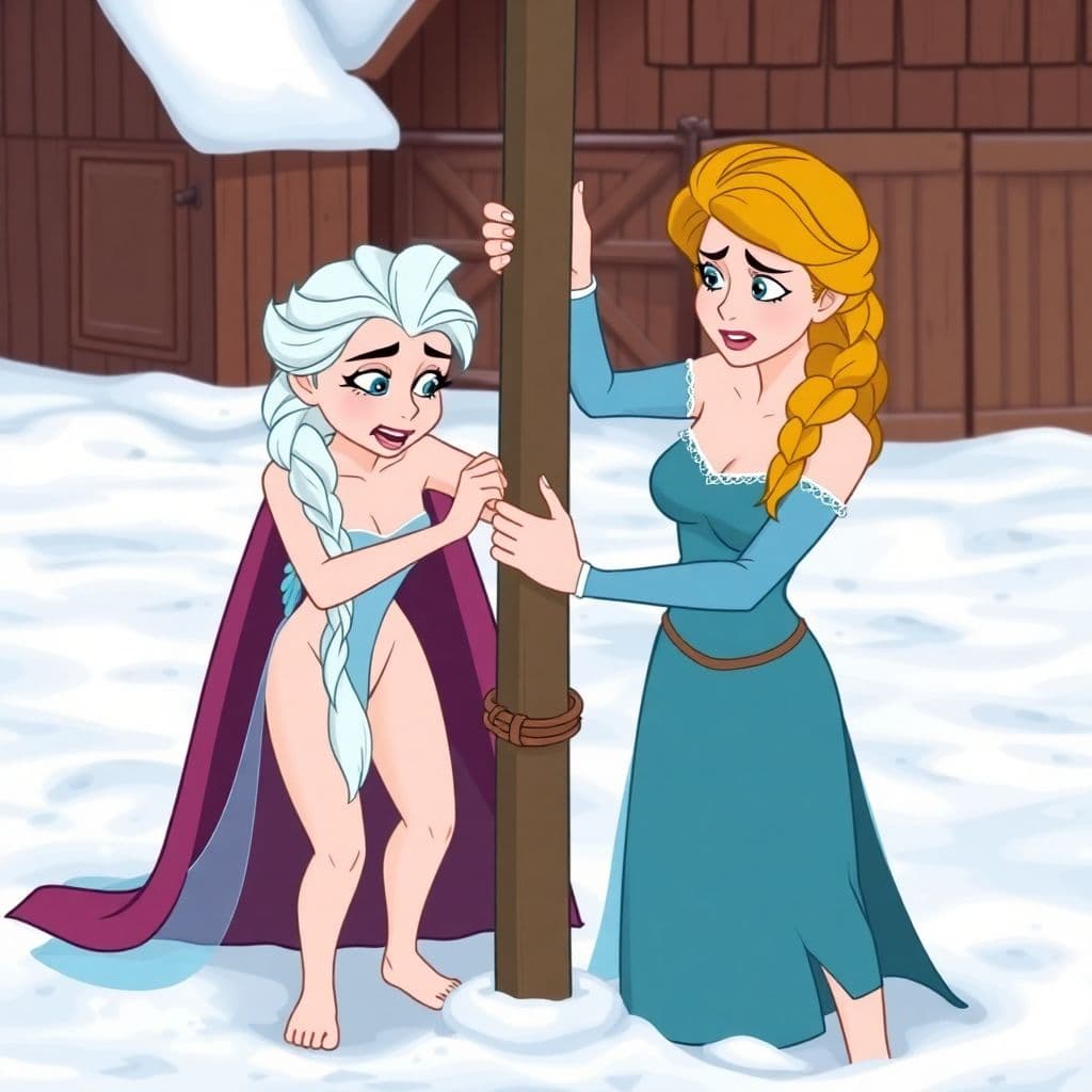 AI generated: Disney style cartoon, Elsa from frozen getting whipped by Anna her sister, both characters nude, Ann...
