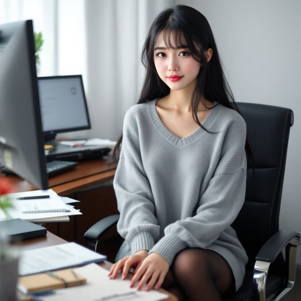 AI generated: sweater grey, open middle, stockings black, black hair, sit in secretary,