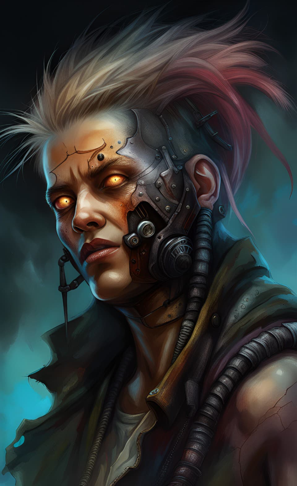 AI generated: A portrait poster of a Future punk tech zombie, a future wasteland utopian world, zombie virus stage...