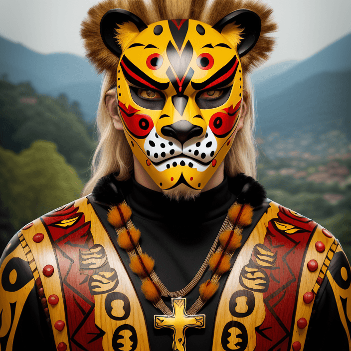 AI generated: man with jaguar warrior helmet mask with jaguar-style spots, wooden mask, fine wood details, zoque i...