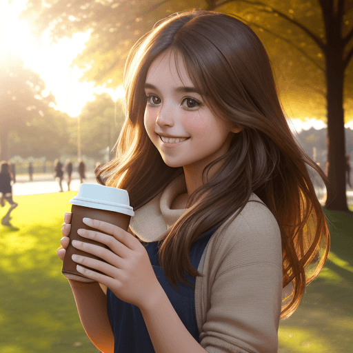 AI generated: 1.	long brown haired girl, sunny day in park, she holds a takeaway coffee in his hands, sunrise, in ...