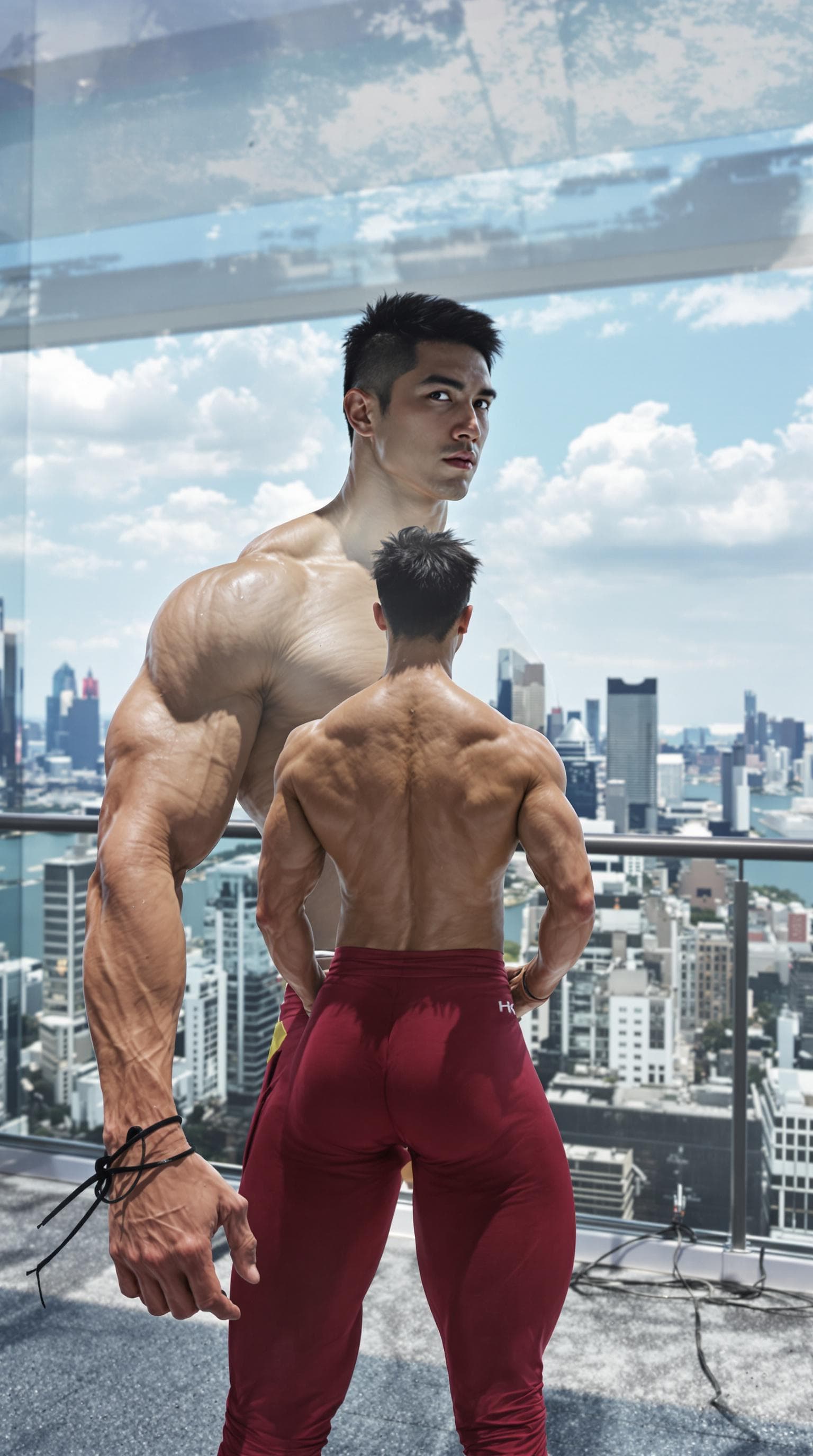 AI generated: a young, ultra-muscular Asian bodybuilder in his 20s, standing shirtless on a high-rise rooftop afte...