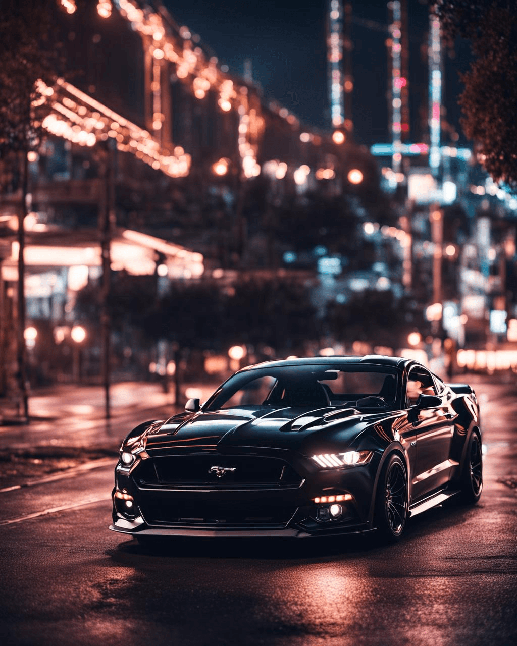 AI generated: a picture of a ford mustang, modern car, black color, perfectly centered, dark night, neon lights in...