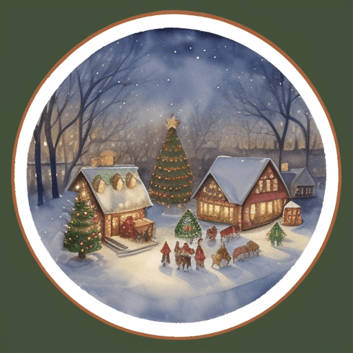 AI generated: Vintage Christmas village in circle, watercolor