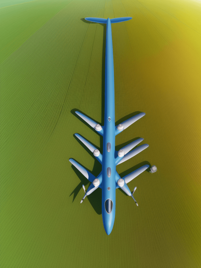 AI generated: Wide drone image of an airplane from above, top view, Pixar cartoon style, flying over solar panels ...