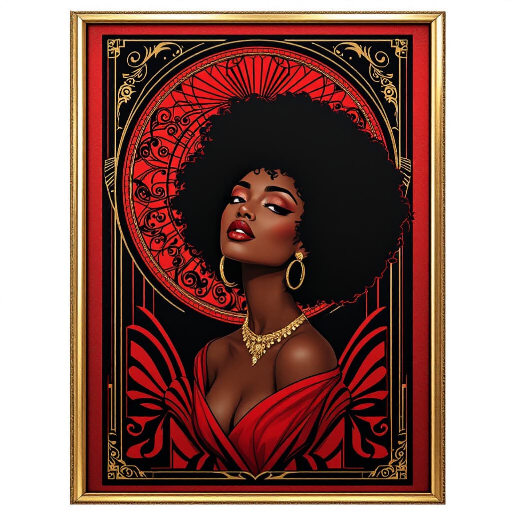 AI generated: A BEAUTIFUL ART DECO AFRO AMERICAN LADY WITH DARK BROWN SKIN ON A FILIGREE ART DECO red and black BA...