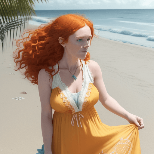 AI generated: a Irish woman dressed in a yellow-orange colored sundress with lace around the neckline and a sheer ...