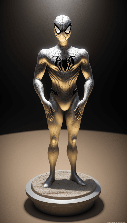 AI generated: Sand Statue on the table with the design and character of spiderman The Sand statue is gold and silv...