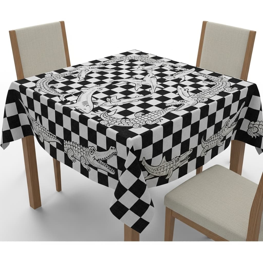 AI generated: in the style of M. C. Escher a checkerboard tablecloth on a square table has two colors-black and wh...