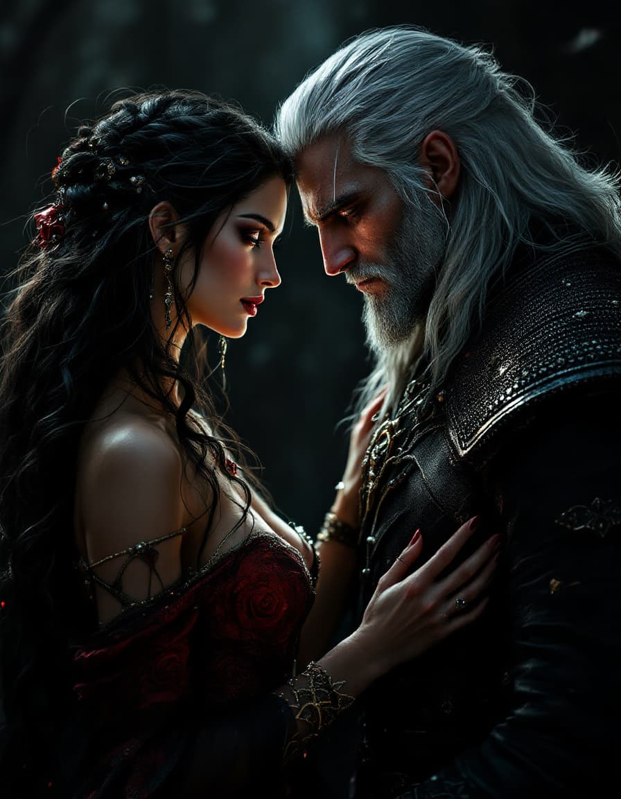 AI generated: romantic fantasy scene, image of beautiful Yennefer and witcher Geralt, ((full length)), he hands he...