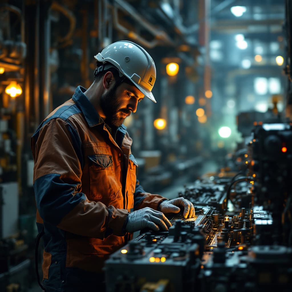 AI generated: Write a prompt for a test -image for "an engineer, performing a start-up on a machine (( working exo...