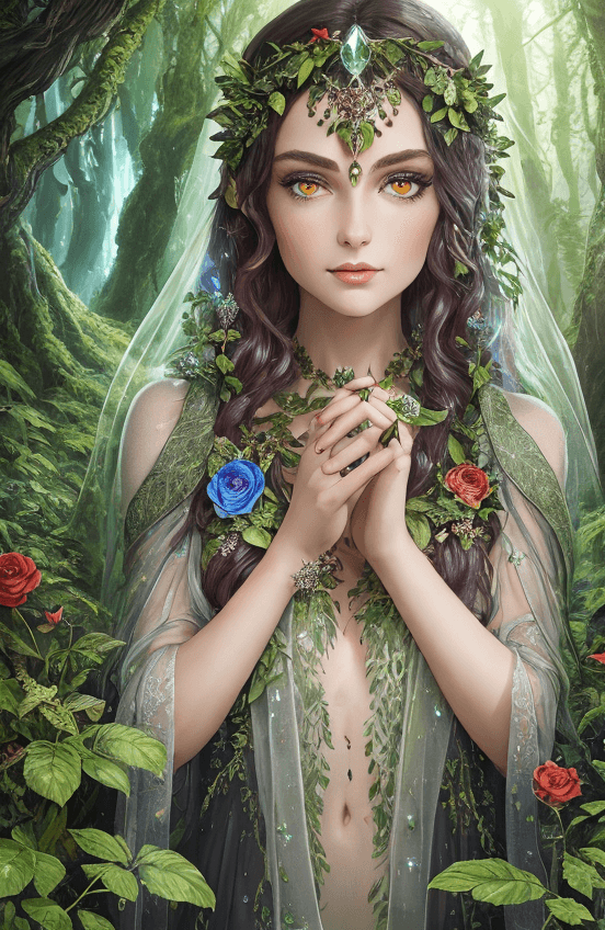 AI generated: Maiden Rosen, (masterpiece, best quality), (illustration), strange lush forest of mycosis, transpare...