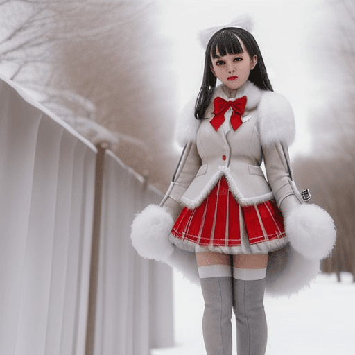 AI generated: skirt, thighhighs,white gloves, pleated skirt, red bow, boots, elbow gloves, fur trim, white coat, ,...