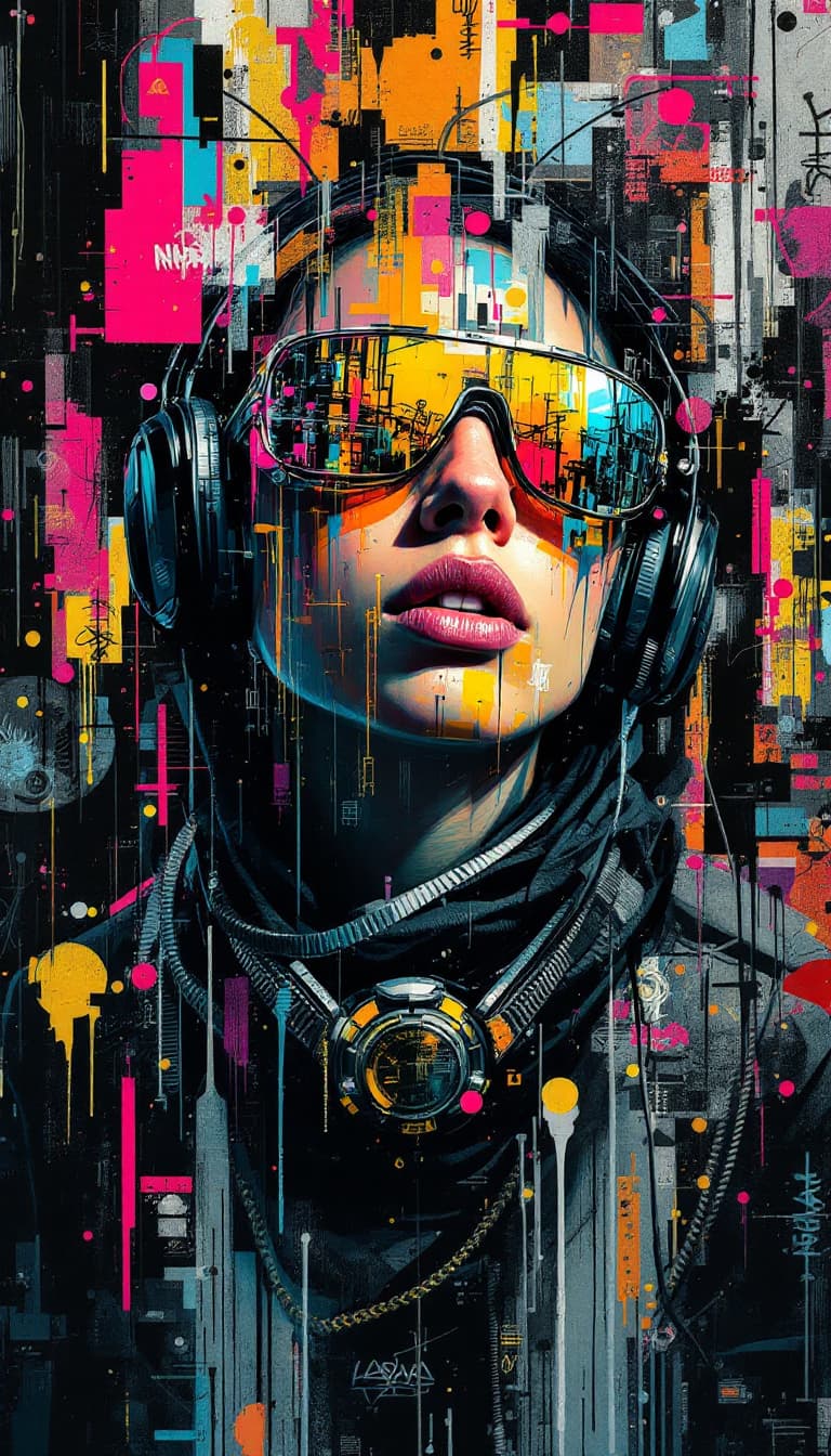 AI generated: Portrait of a futuristic cyberpunk street artist, centered, enhanced with augmented reality tech, in...