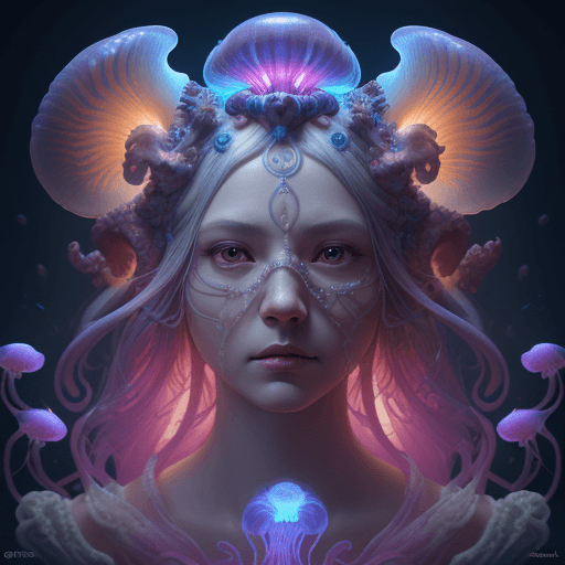 AI generated: Goddess close-up portrait ribcagel. jellyfish phoenix head, nautilus, orchid, skull, betta fish, bio...
