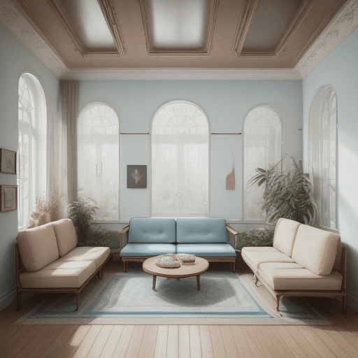 AI generated: High resolution photography interior design, dreamy sunken living room conversation pit, wooden floo...
