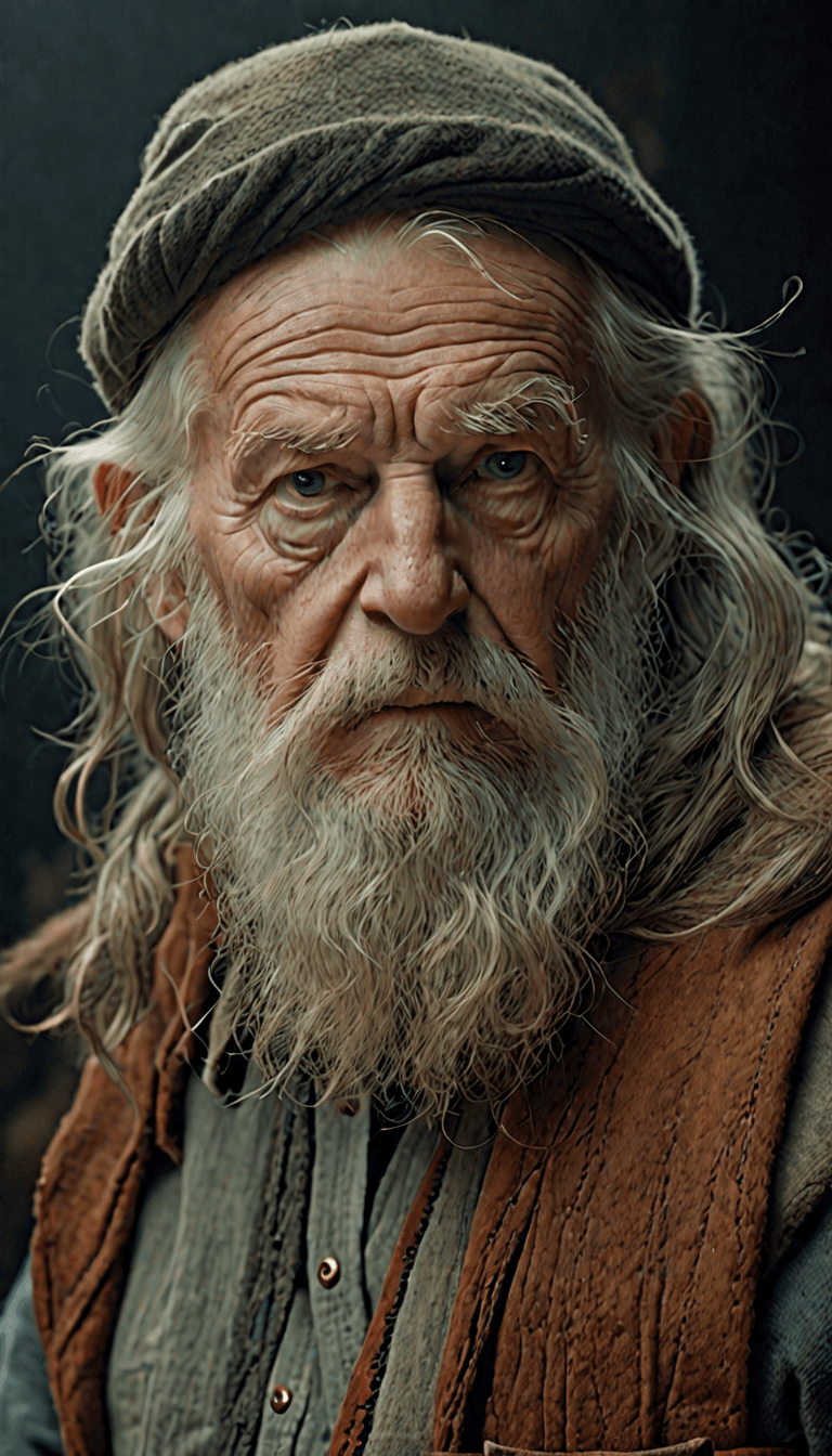 AI generated: A close up picture of a s very old man with long hair and a beard, by Johannes Sveinsson Kjarval, dy...