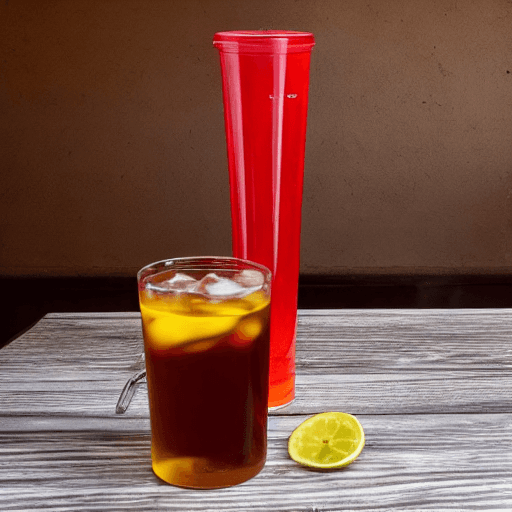 AI generated: A cup of ice tea on the table, the cup is tall height, made from plastic