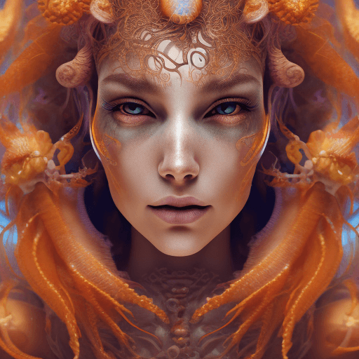 AI generated: Goddess close-up portrait ribcagel. jellyfish phoenix head, nautilus, orchid, skull, betta fish, bio...
