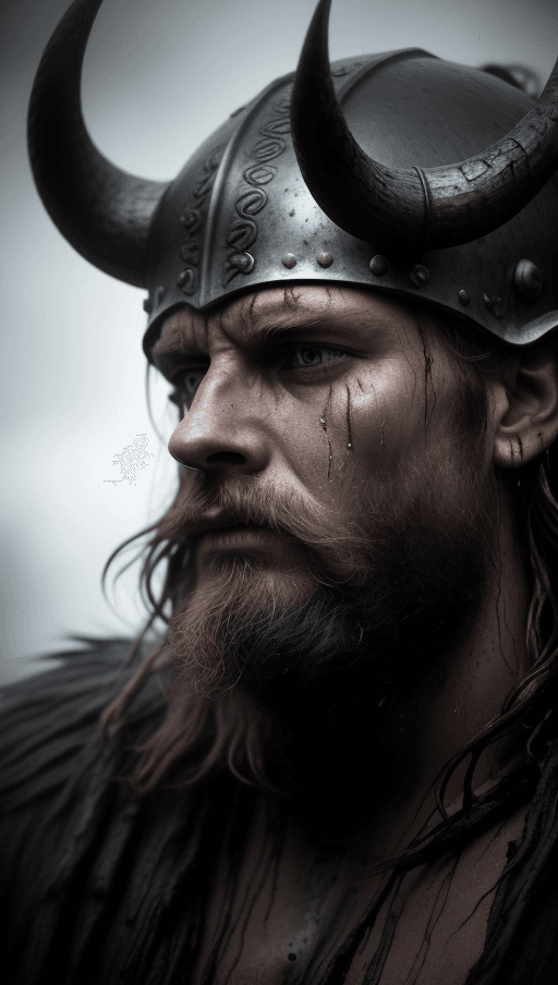 AI generated: Close-up of Viking King emerging from wet black mud :: Dark metal helmet with two large black horns ...