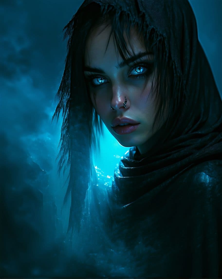 AI generated: (8k, RAW photo, highest quality), hyperrealistic, a mysterious lady with piercing glacier blue eyes,...