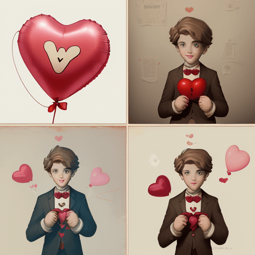AI generated: a poster depicts a boy holding a heart shaped balloon, in the style of sketchfab, poodlepunk, warm t...