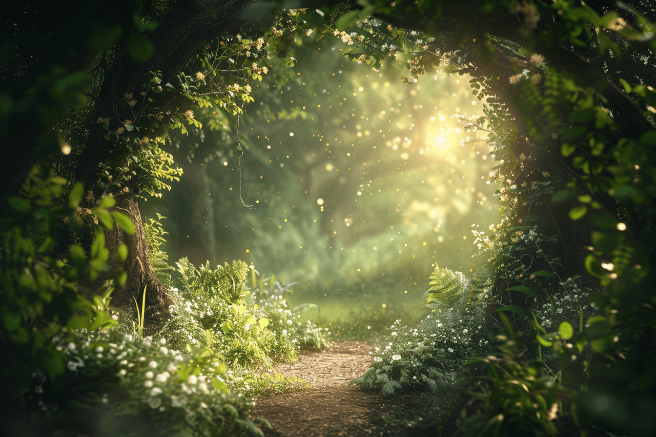AI generated: Beautiful magical forest with an arch of green leaves and flowers, light particles sparkling in the ...