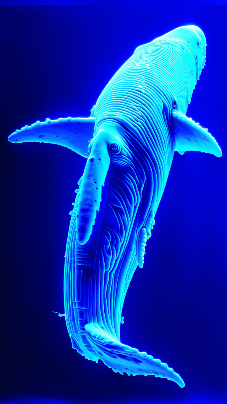 AI generated: under blacklight, electron microscope view, blue whale macroview, baby blue luminescence, aluminum t...