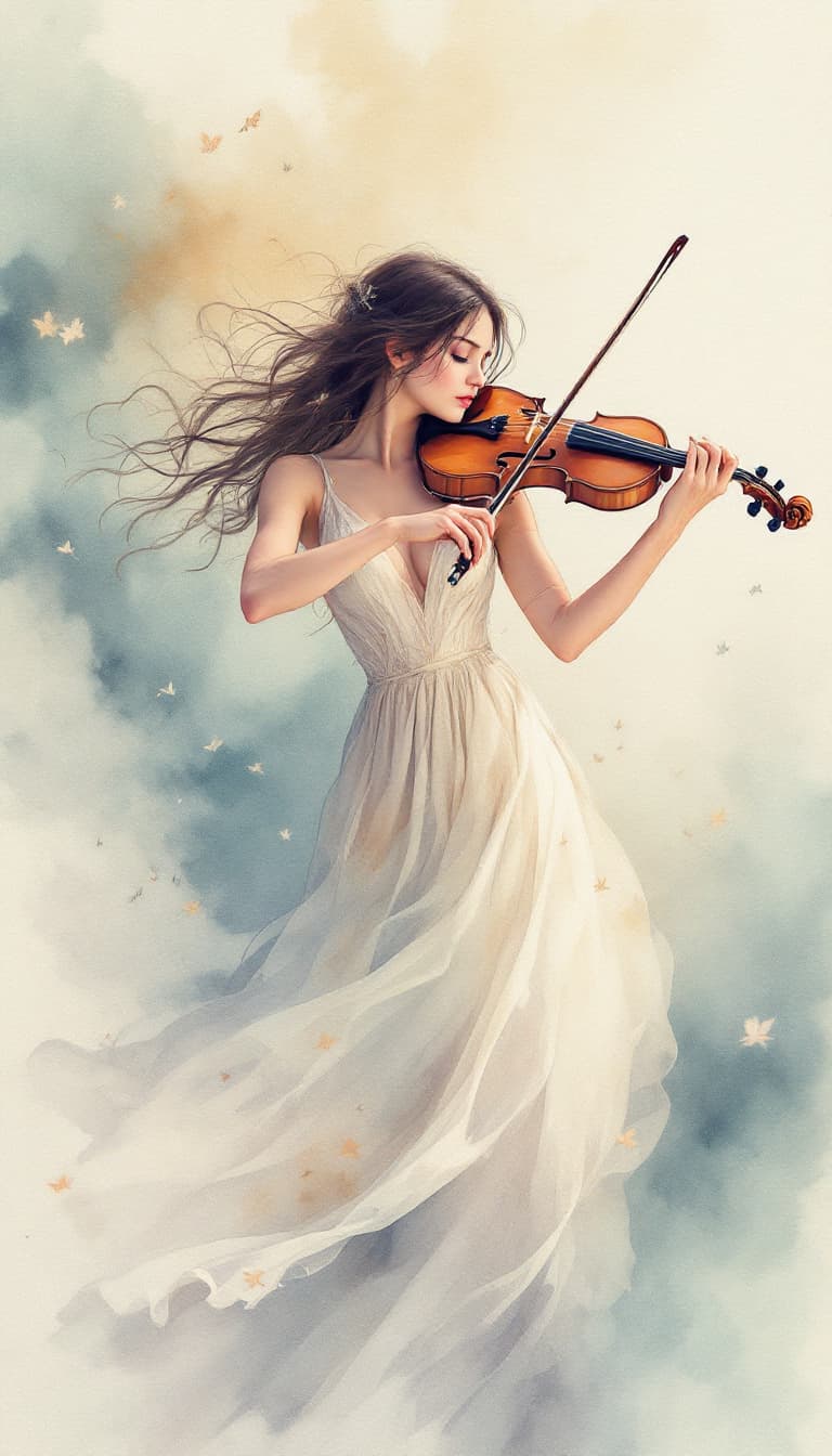 AI generated: Watercolor Washes, Ethereal Hues, Delicately Textured Paper, Evocative, Woman Holding a Violin Playi...