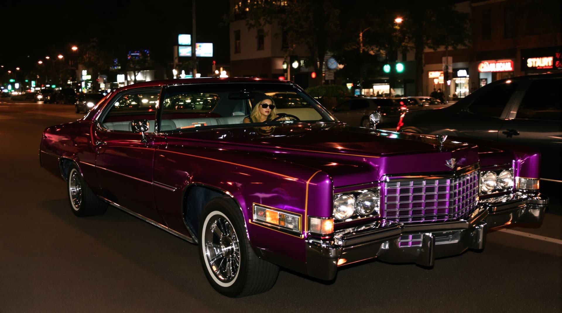 AI generated: A Latin-American gang member girl, 22 years old, driving a 1970s Cadillac with hydraulics, painted i...