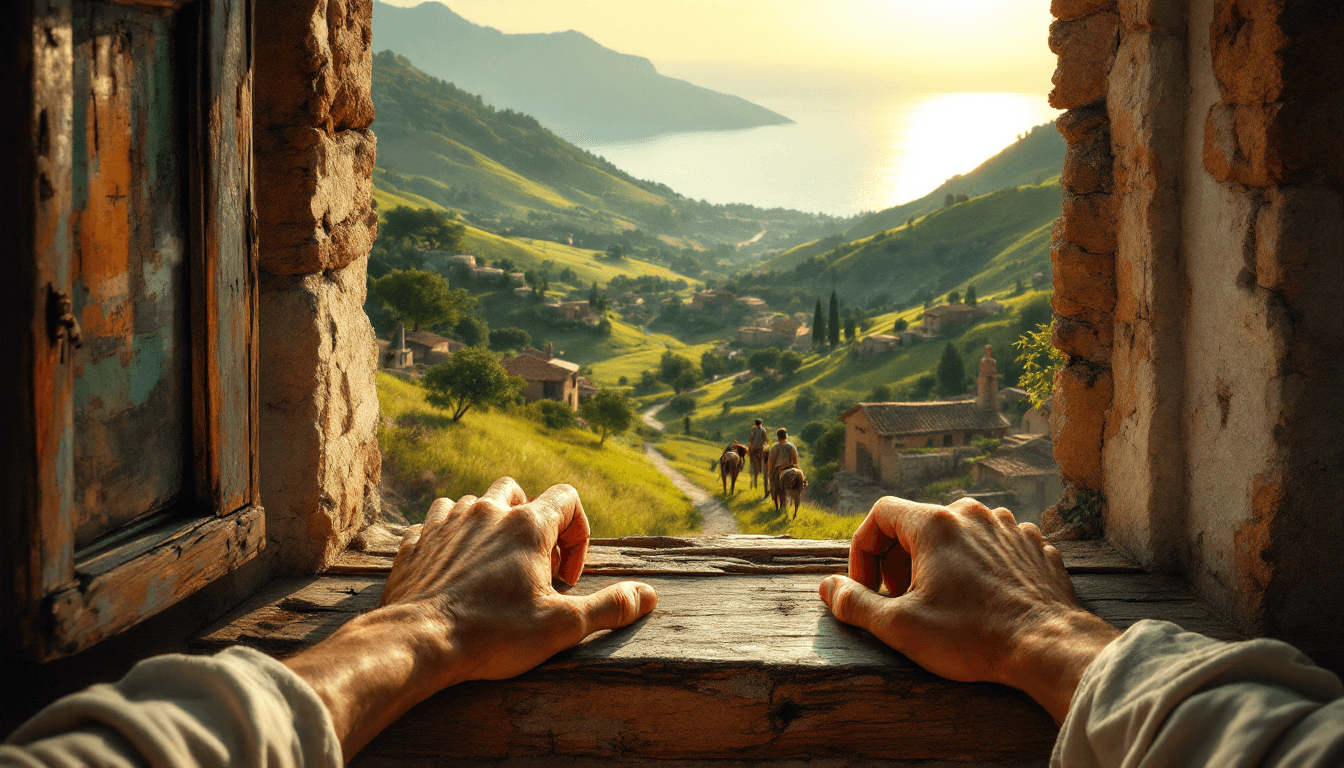 AI generated: First person POV, Epictetus’ hands rest gently on the worn wooden windowsill of his modest Roman hom...