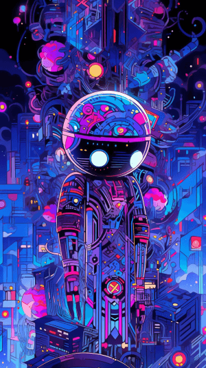 AI generated: A futuristic illustration, in a technological theme, featuring a robotic figure, a spaceship, gears,...