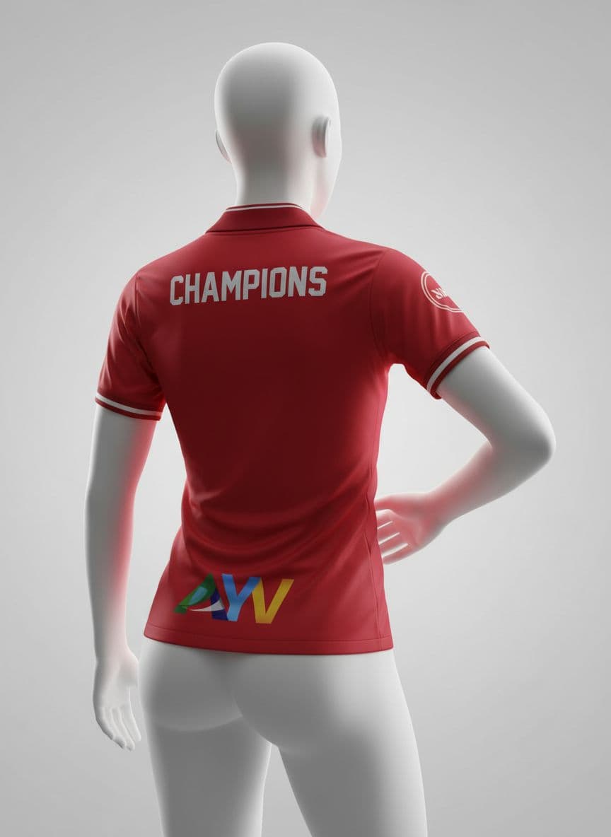 AI generated: A rear view  female body type realistic 3D mock-up of a red soccer jersey in a rear-view power pose,...